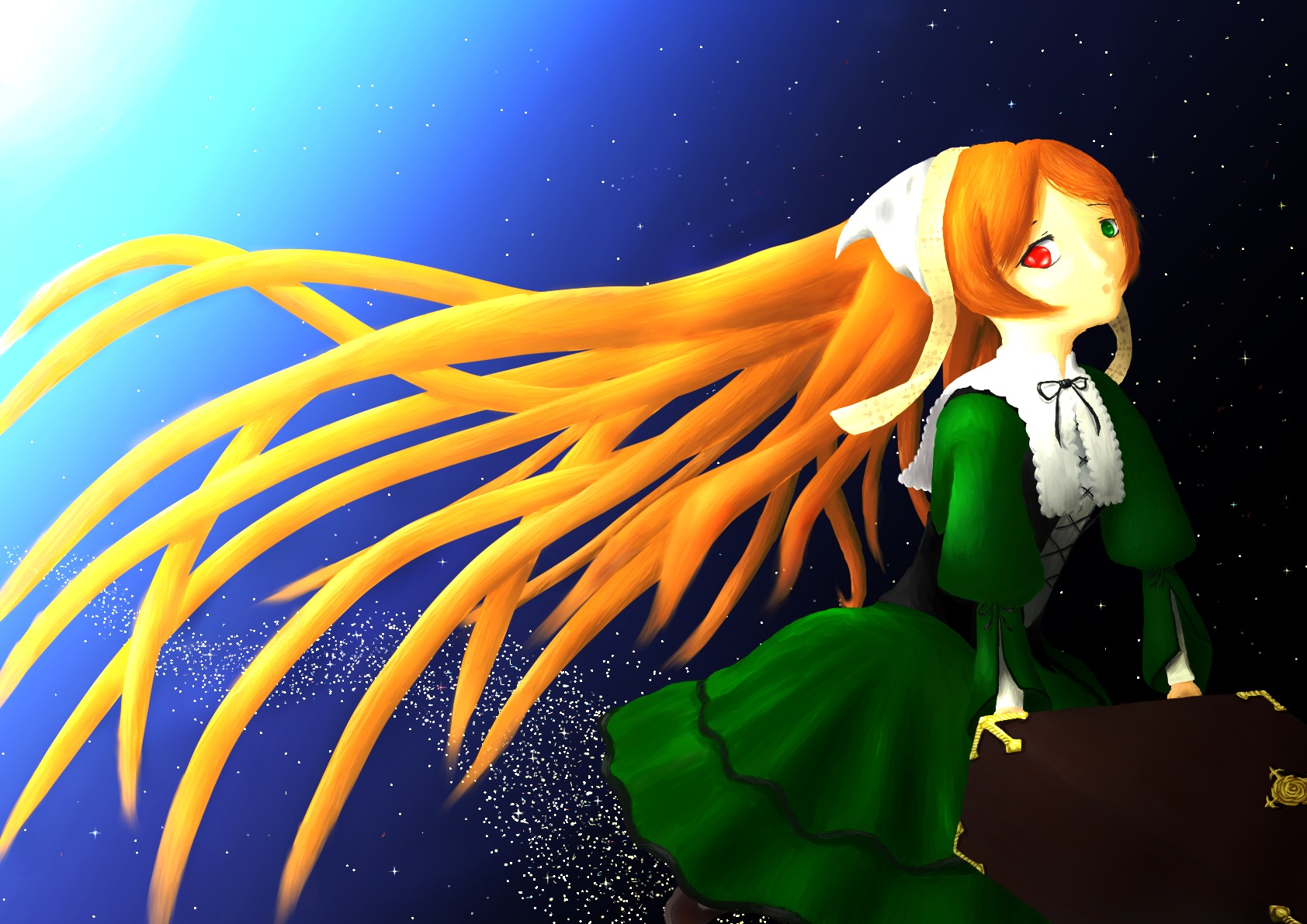 1girl auto_tagged dress green_dress heterochromia image long_hair long_sleeves night night_sky orange_hair red_eyes shooting_star sky solo star_(sky) starry_sky suiseiseki very_long_hair