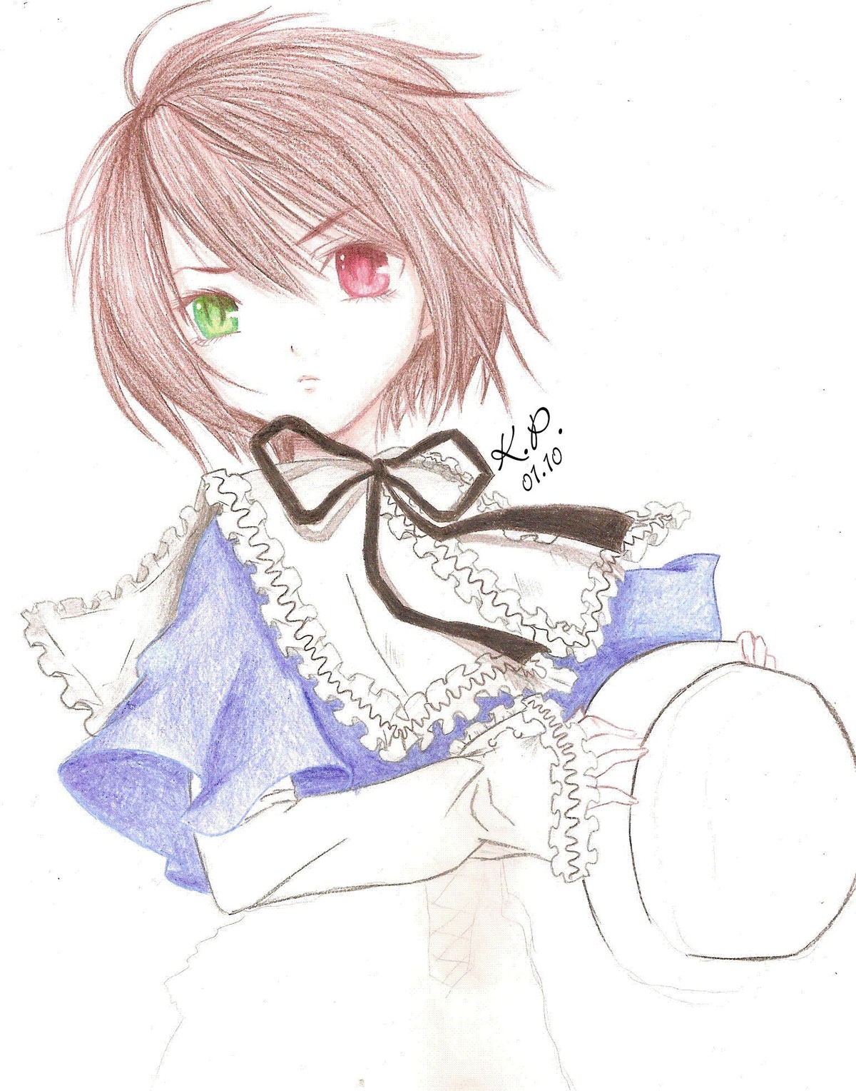 1girl auto_tagged black_ribbon frills green_eyes heterochromia image long_sleeves looking_at_viewer neck_ribbon red_eyes ribbon short_hair solo souseiseki upper_body white_background