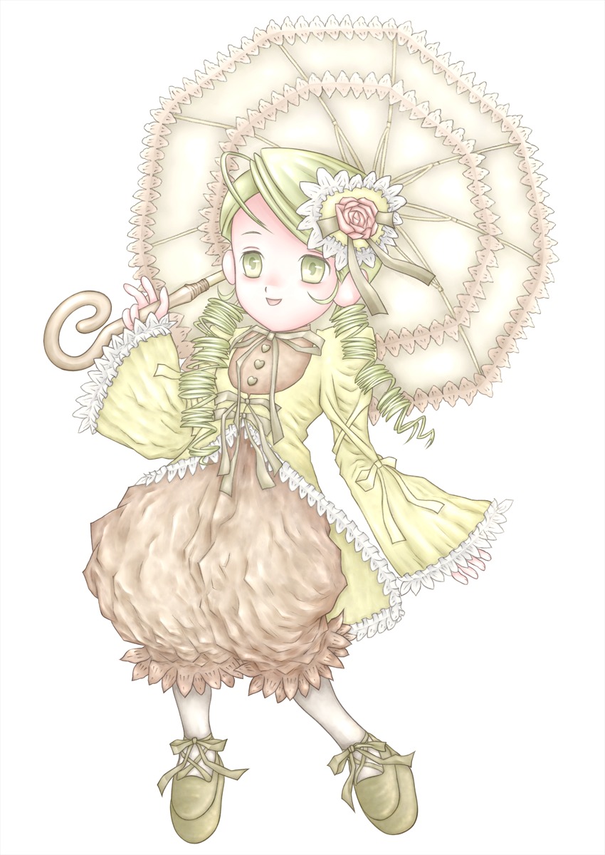 1girl blonde_hair bloomers blush dress drill_hair flower frills full_body green_eyes green_hair hat hina_ichigo holding_umbrella image kanaria long_hair long_sleeves pantyhose parasol rose solo standing twin_drills umbrella underwear white_background white_legwear