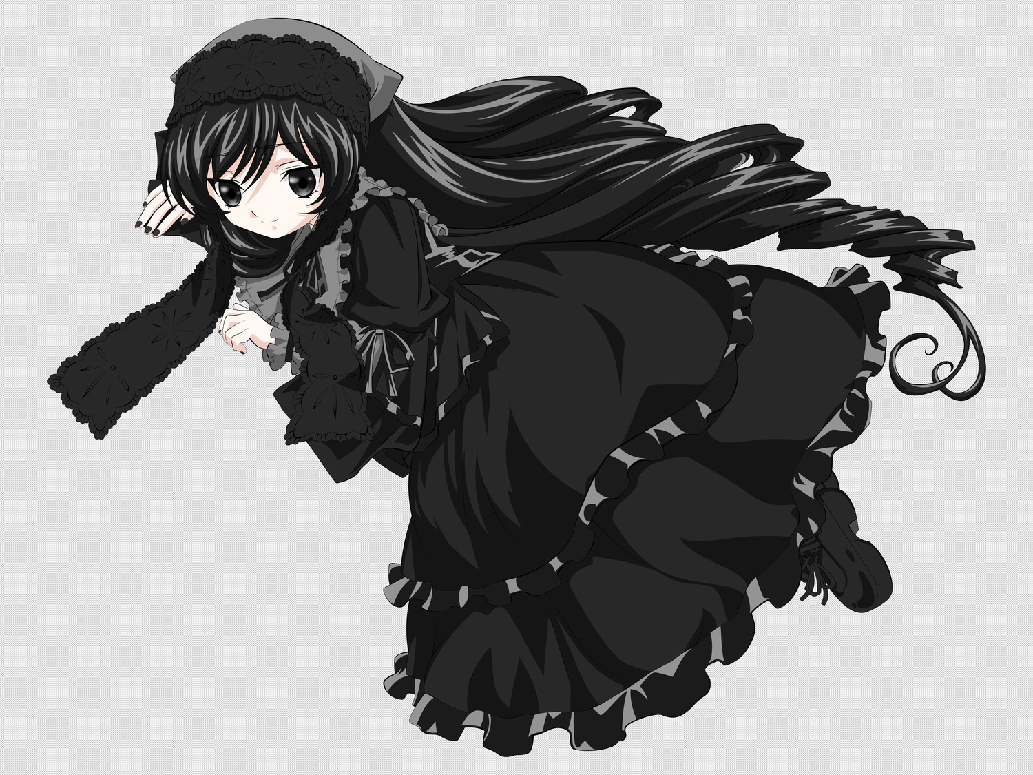 1girl black_dress black_eyes black_footwear black_hair boots dress drill_hair frills full_body gothic_lolita image lolita_fashion long_hair long_sleeves looking_at_viewer solo striped striped_background suiseiseki vertical_stripes very_long_hair