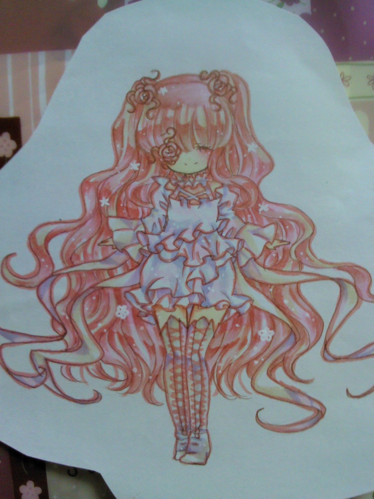 1girl bow closed_eyes dress flower frills full_body hair_ornament image kirakishou long_hair no_nose personification photo pink_hair solo thighhighs traditional_media two_side_up very_long_hair watercolor_(medium)