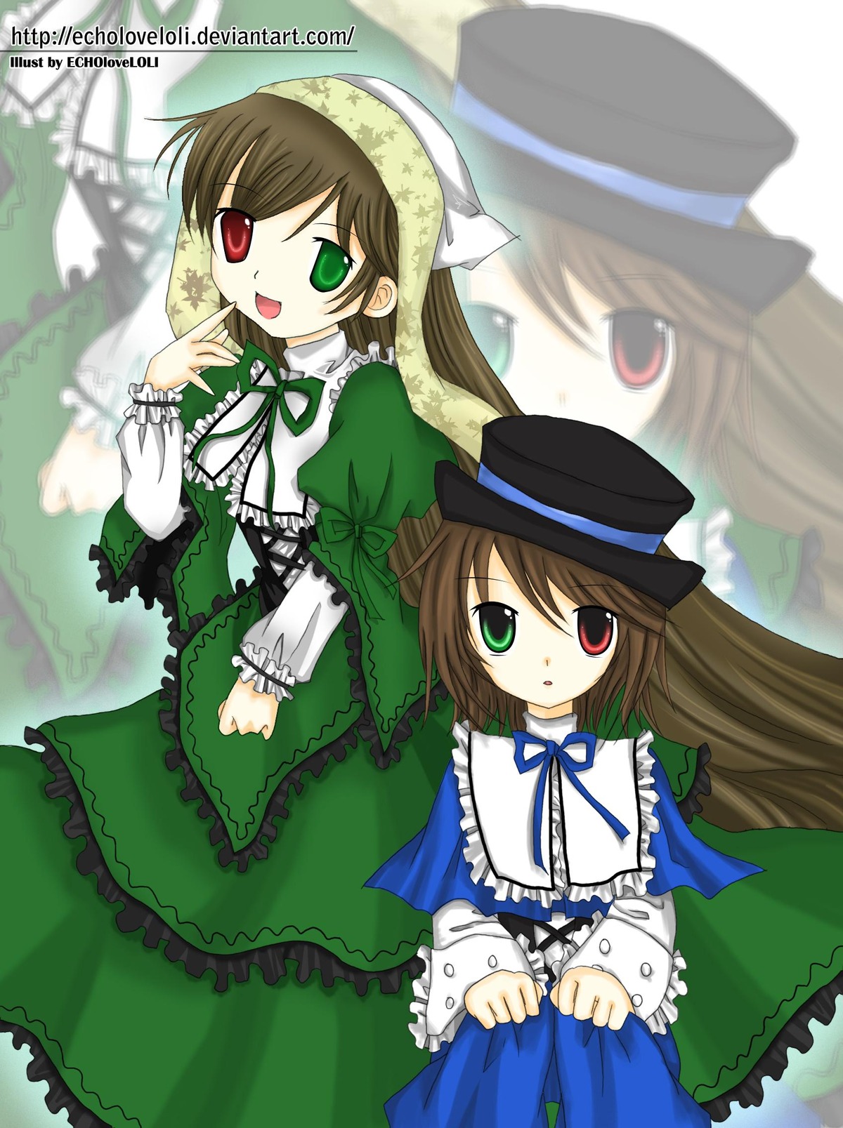 1girl :d blue_dress brown_hair collar dress frills green_dress green_eyes hat head_scarf heterochromia image long_hair long_sleeves looking_at_viewer open_mouth pair red_eyes smile souseiseki suiseiseki top_hat very_long_hair zoom_layer