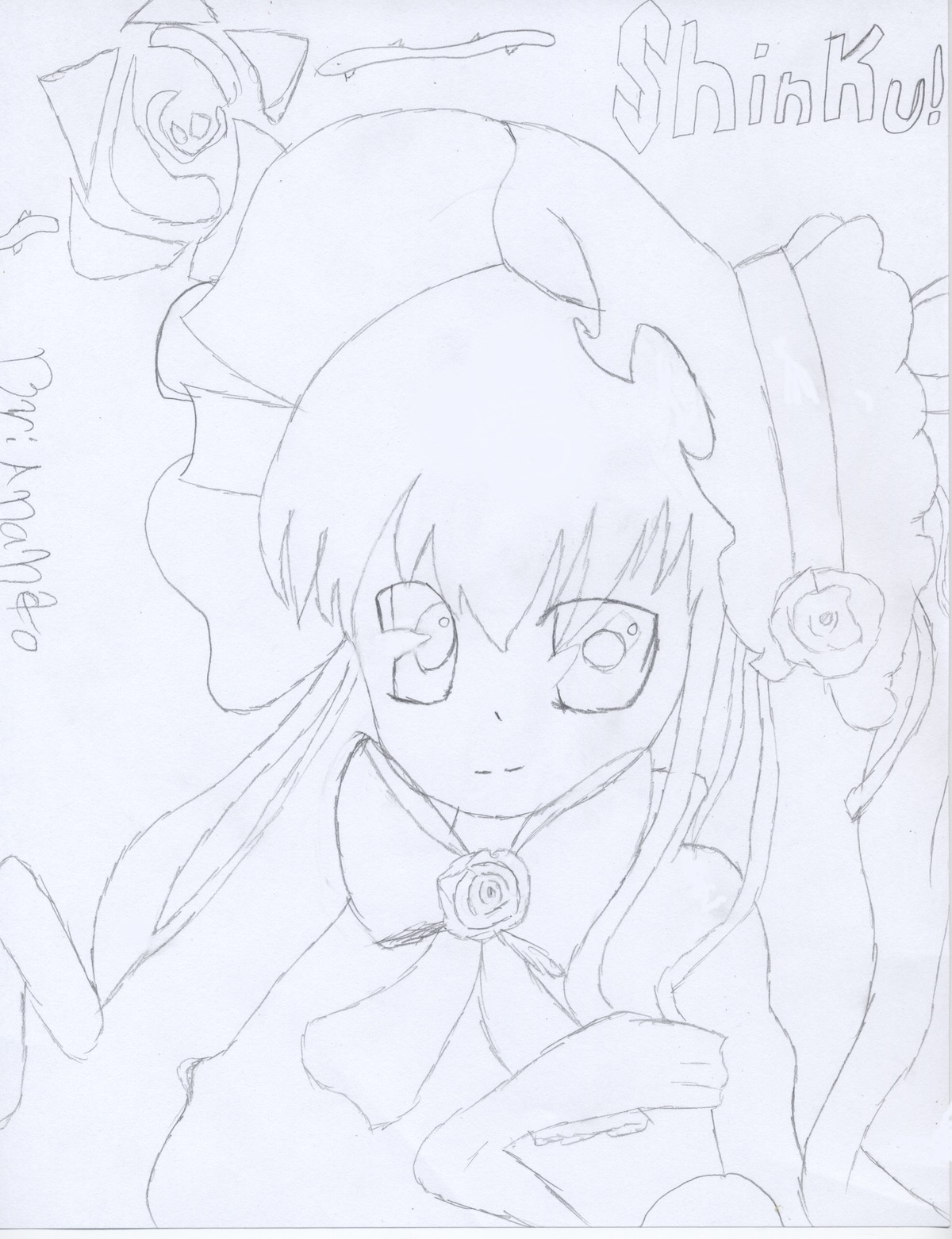 1girl blue_rose blush dress flower hat image long_hair long_sleeves monochrome pink_rose rose shinku solo striped tears white_rose