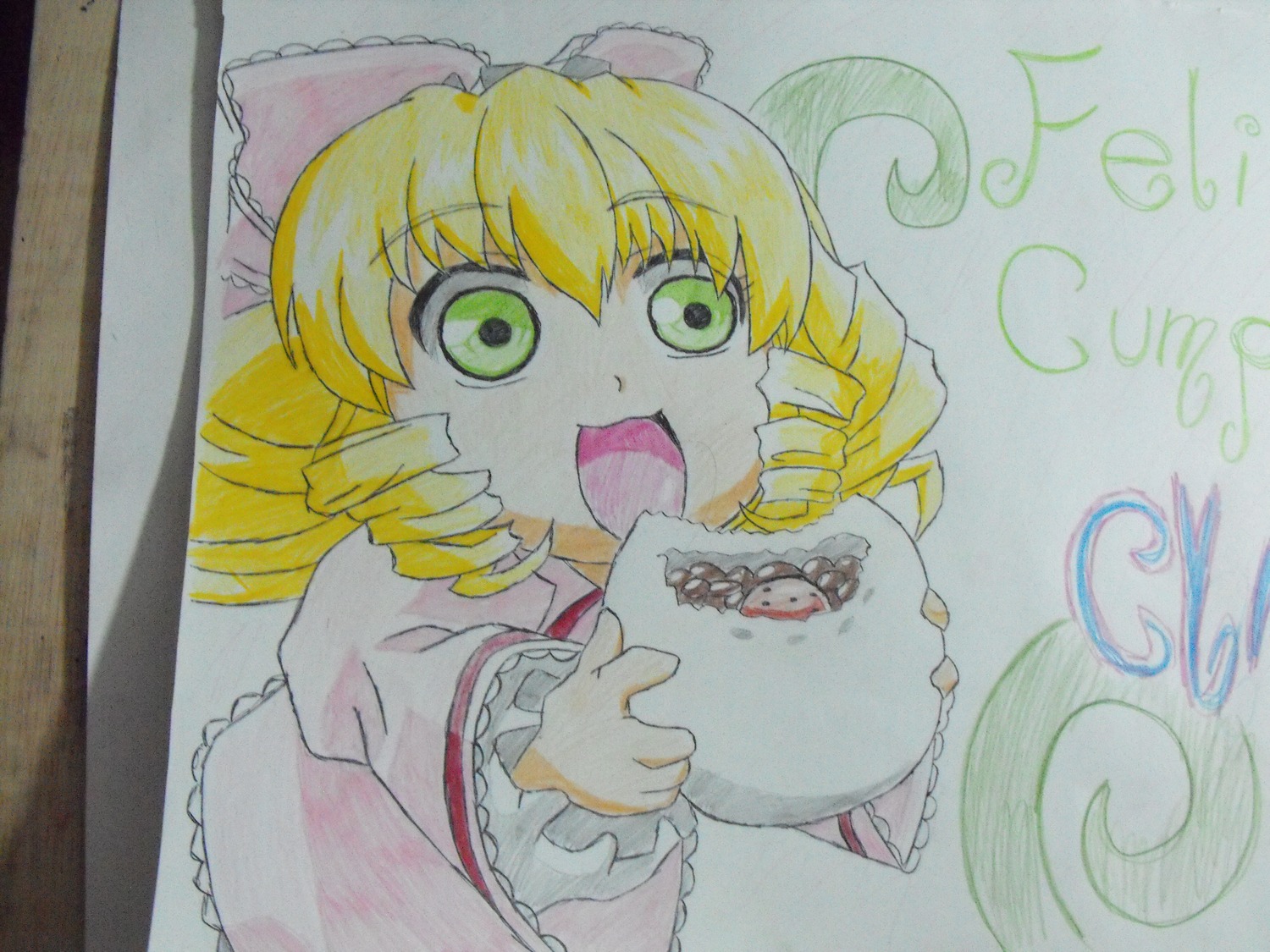 1girl blonde_hair bow dress drill_hair eyebrows_visible_through_hair frilled_pillow frills green_eyes hina_ichigo hinaichigo image long_sleeves marker_(medium) millipen_(medium) open_mouth photo pillow sample shikishi smile solo traditional_media watercolor_(medium) wide_sleeves
