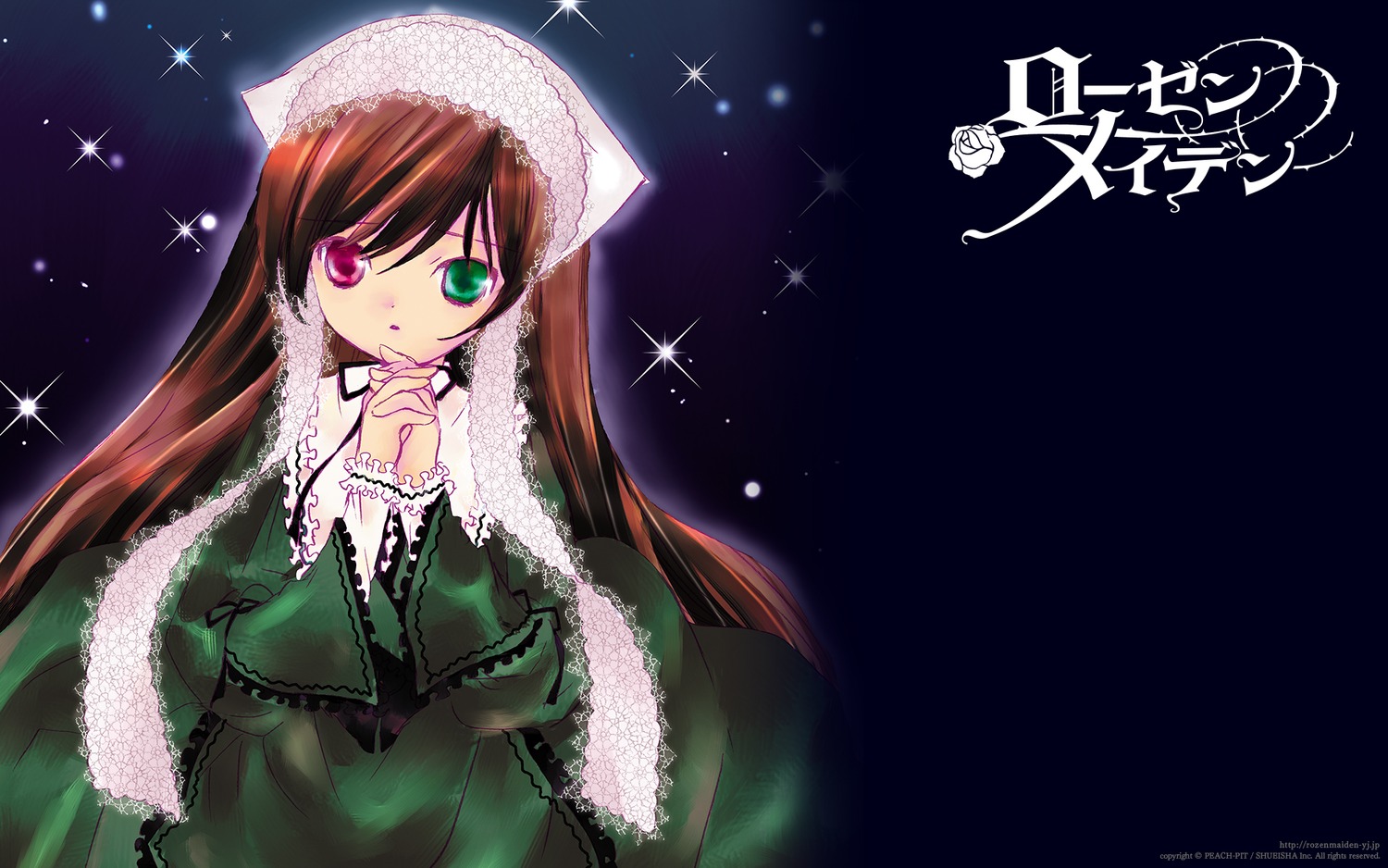 1girl brown_hair dress frills green_dress green_eyes heterochromia image long_hair long_sleeves looking_at_viewer red_eyes simple_background solo sparkle suiseiseki very_long_hair