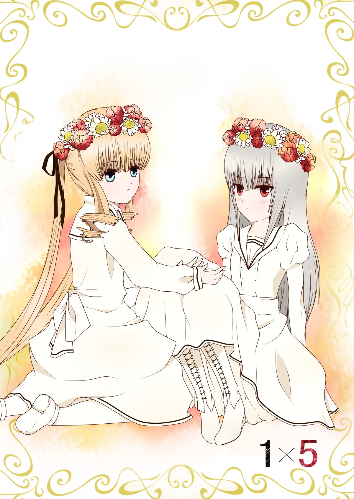 2girls blonde_hair blue_eyes blush dress flower hair_flower hair_ornament head_wreath image kneeling long_hair multiple_girls pair red_eyes rose shinku sitting suigintou very_long_hair