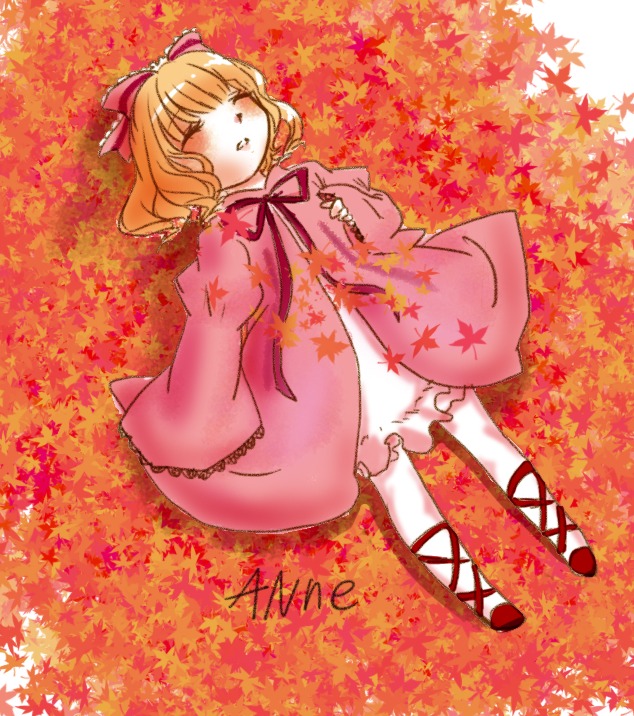 1girl aki_shizuha autumn autumn_leaves blonde_hair closed_eyes falling_leaves hinaichigo holding_leaf image leaf leaf_hair_ornament leaf_print long_sleeves lying maple_leaf on_back short_hair sleeping solo
