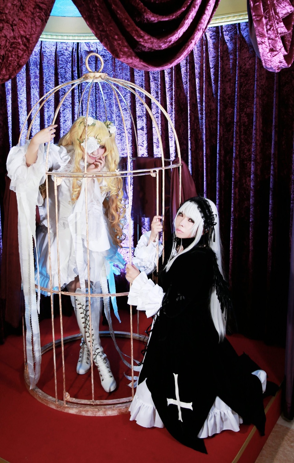 1girl black_hair blonde_hair boots curtains dress holding holding_weapon long_hair long_sleeves multiple_cosplay standing tagme