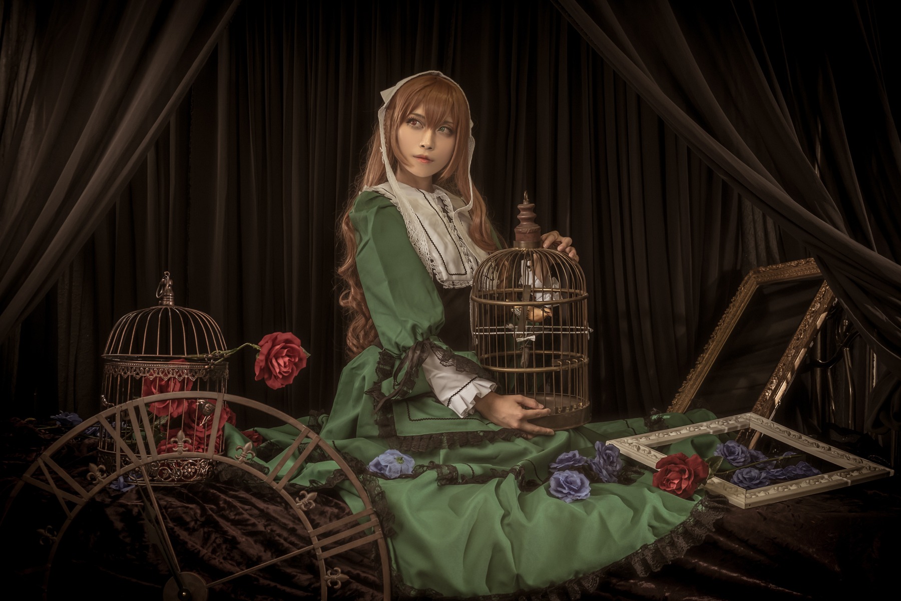 1girl birdcage blonde_hair cage curtains dress flower indoors long_hair long_sleeves looking_at_viewer red_flower red_rose rose solo suiseiseki