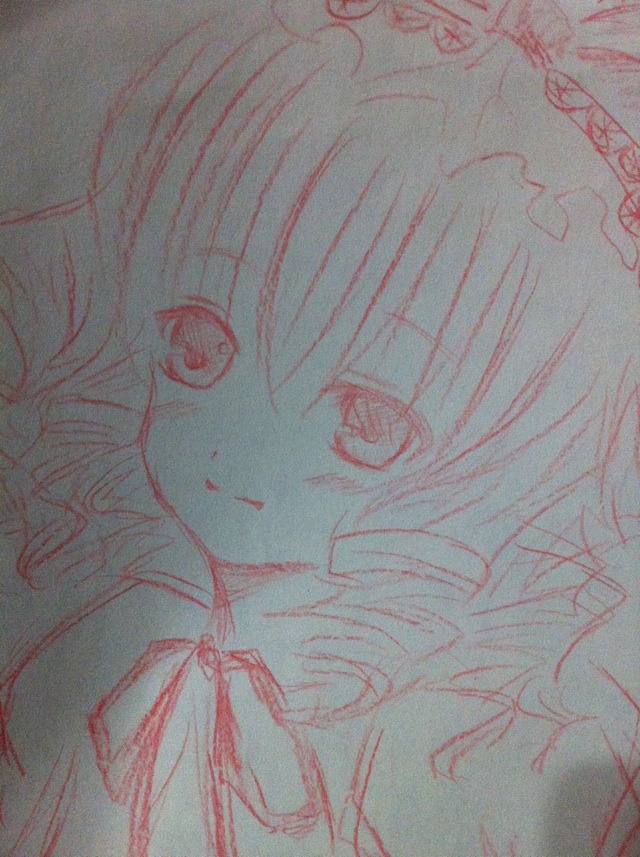 1girl hinaichigo image lineart looking_at_viewer monochrome smile solo traditional_media