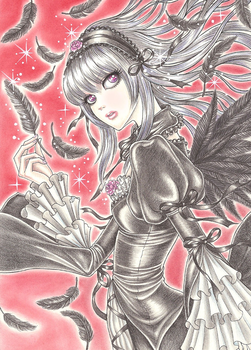 1girl acrylic_paint_(medium) bird black_dress black_feathers black_wings colored_pencil_(medium) crow dress feathered_wings feathers flower frilled_sleeves frills gothic_lolita hairband image lolita_fashion long_hair long_sleeves looking_at_viewer marker_(medium) pink_eyes purple_eyes ribbon rose silver_hair solo suigintou traditional_media watercolor_(medium) white_feathers wings