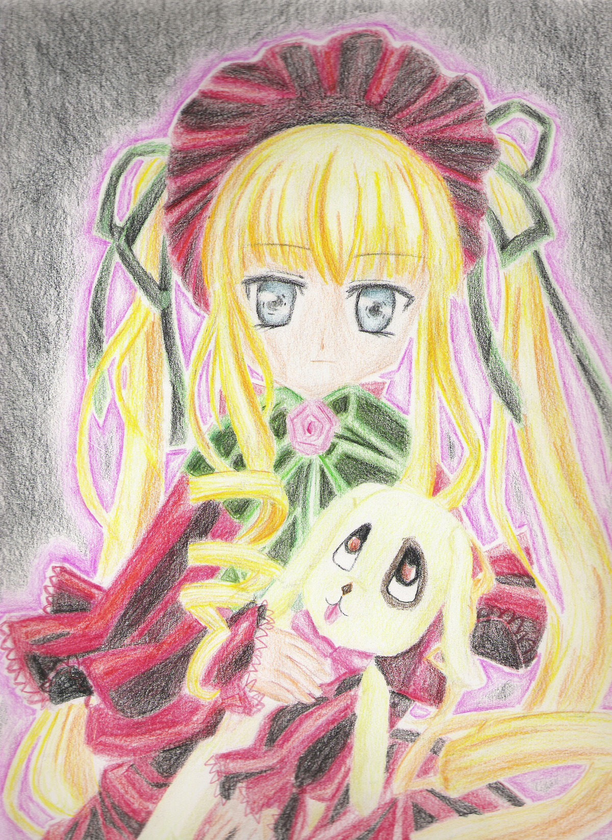 1girl auto_tagged blonde_hair blue_eyes bow dress flower image long_hair long_sleeves looking_at_viewer marker_(medium) pink_flower pink_rose ribbon rose shinku solo traditional_media