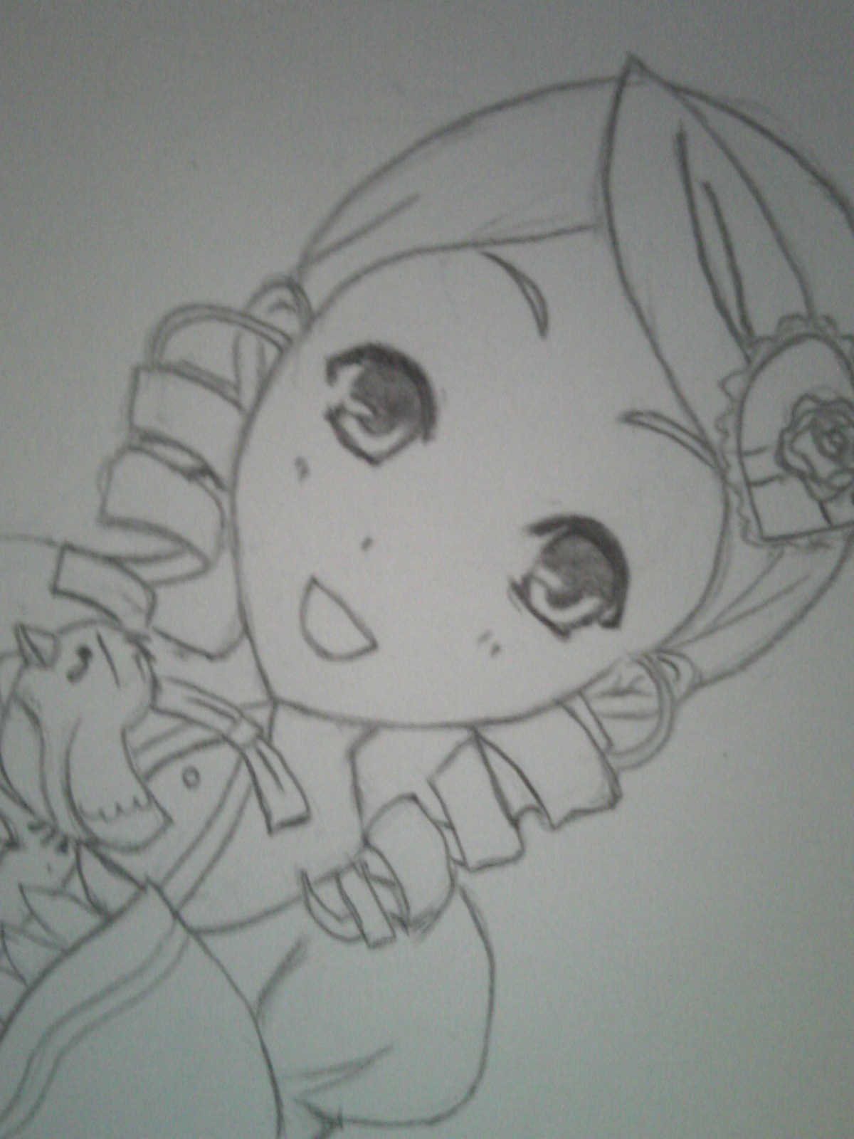1girl :d drill_hair flower greyscale hair_flower hair_ornament image kanaria lineart looking_at_viewer monochrome open_mouth photo ringlets school_uniform smile solo tomoe_mami traditional_media twin_drills twintails