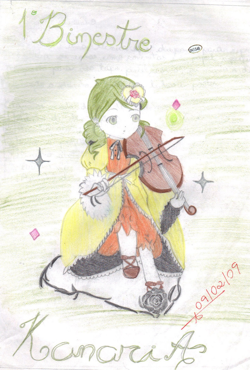 1girl character_name dress flower green_eyes green_hair hair_flower hair_ornament image instrument kanaria long_hair rose solo violin
