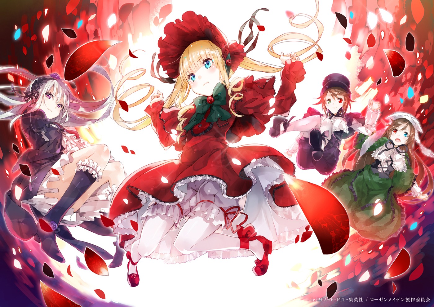 4girls aqua_eyes black_dress blonde_hair bloomers blue_dress blue_eyes bonnet boots bow brown_hair commentary_request dress drill_hair flower gothic_lolita green_dress green_eyes hairband hat headdress heterochromia image layered_dress lolita_fashion lolita_hairband long_hair long_sleeves looking_at_viewer multiple multiple_girls open_mouth pantyhose petals photoshop_(medium) pink_eyes purple_eyes red_dress red_eyes rose_petals rozen_maiden shinku siblings silver_hair sisters smile souseiseki suigintou suiseiseki tagme twins twintails underwear upskirt white_dress wide_sleeves wings yuugen