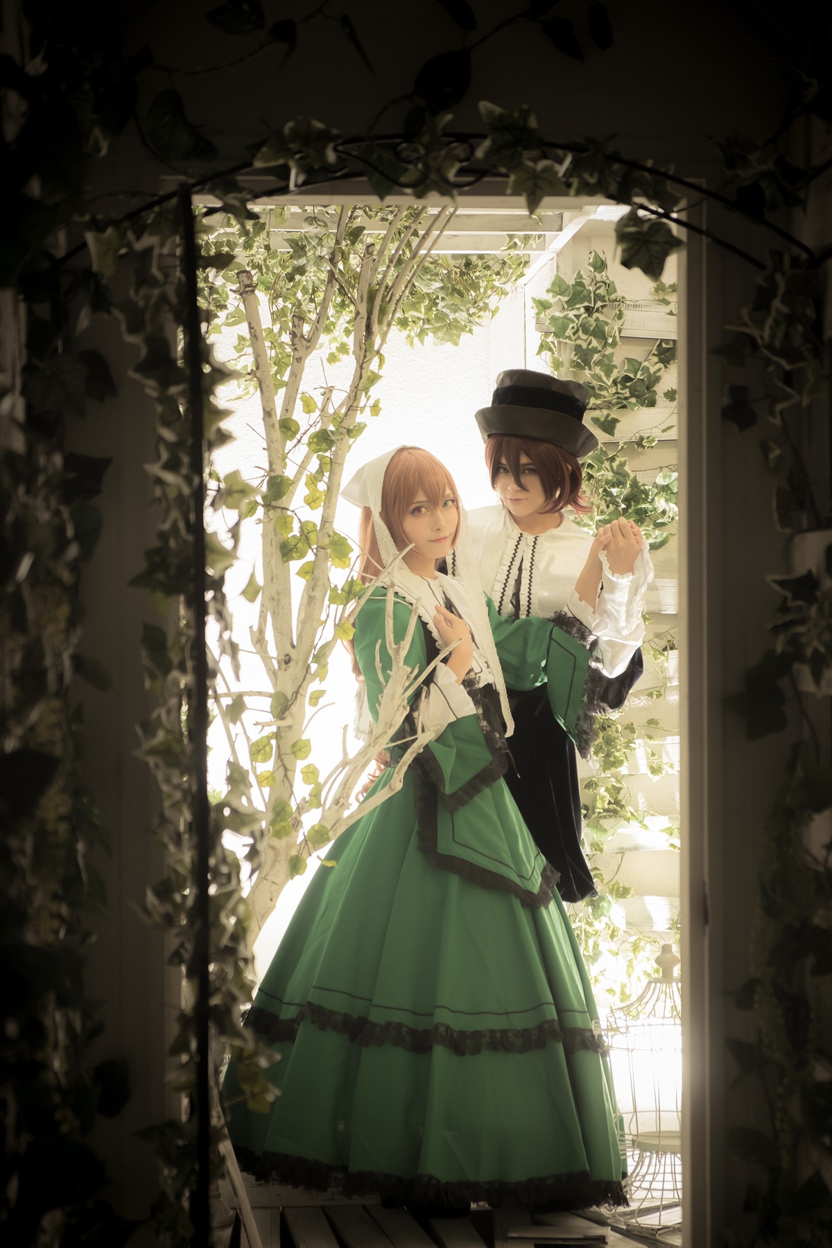1girl brown_eyes brown_hair dress flower green_dress hat looking_at_viewer multiple_cosplay smile tagme window