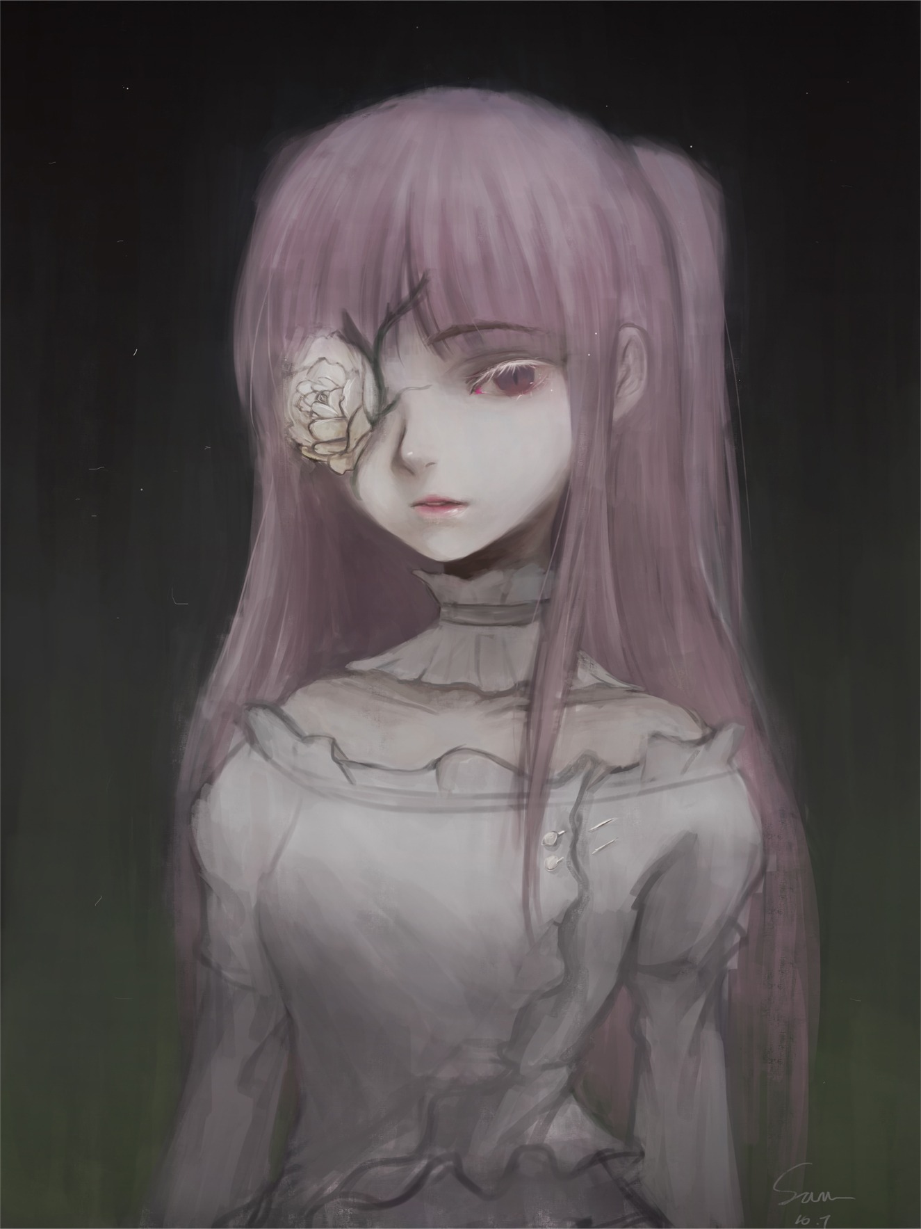 1girl artist_name bangs black_background choker dress flower hair_flower image kirakishou long_hair looking_at_viewer pink_hair signature solo upper_body very_long_hair white_neckwear