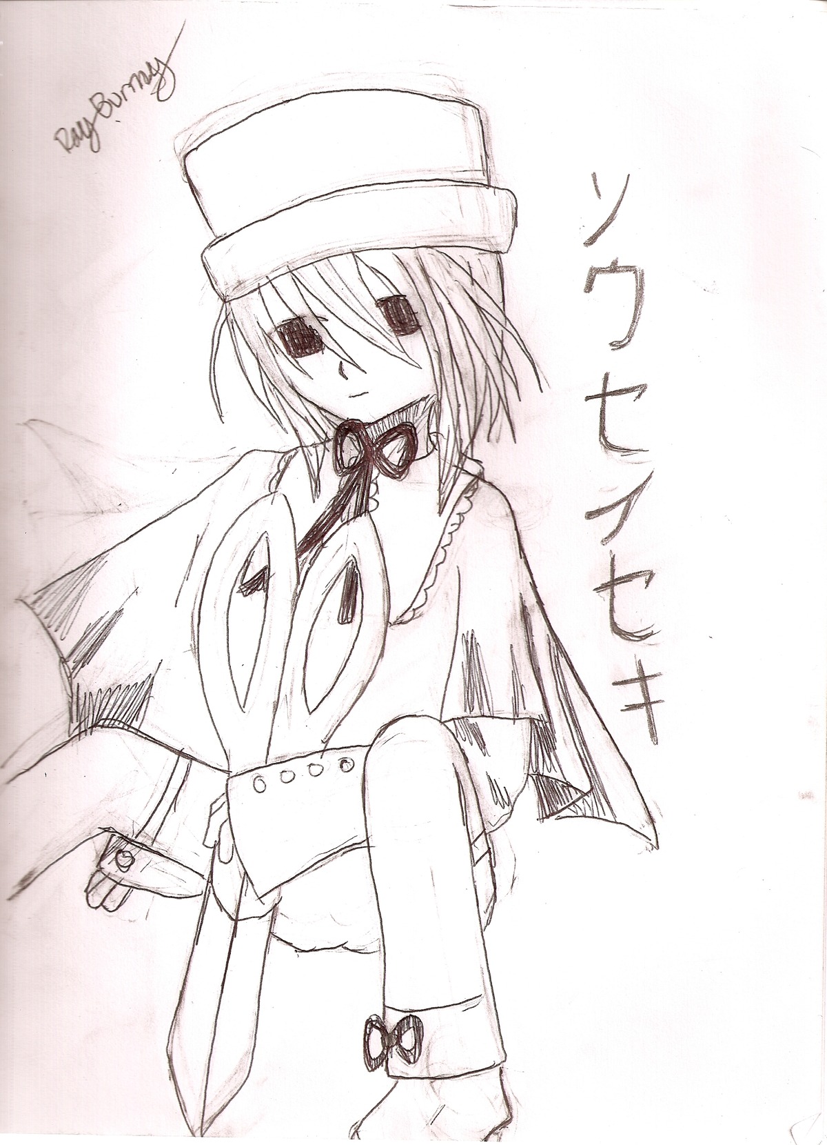 1girl capelet closed_mouth greyscale hat holding holding_weapon image long_sleeves looking_at_viewer monochrome neck_ribbon ribbon short_hair solo souseiseki weapon