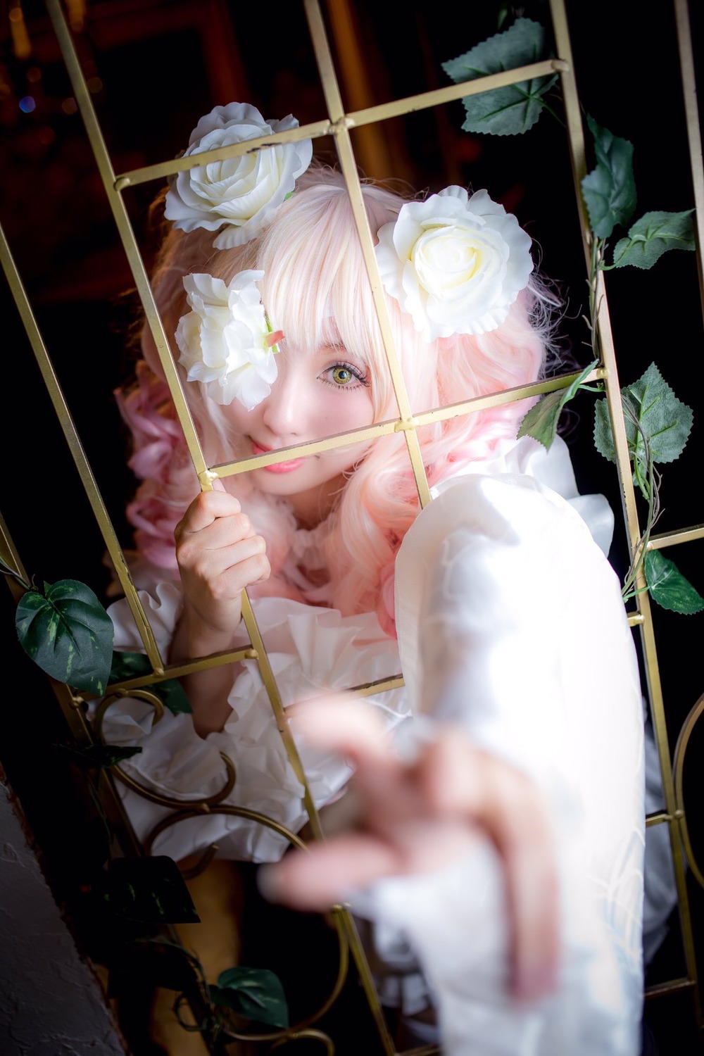 1girl aiming blurry blurry_foreground depth_of_field drawing_bow flower hair_ornament kirakishou looking_at_viewer rose solo white_flower white_rose yellow_eyes