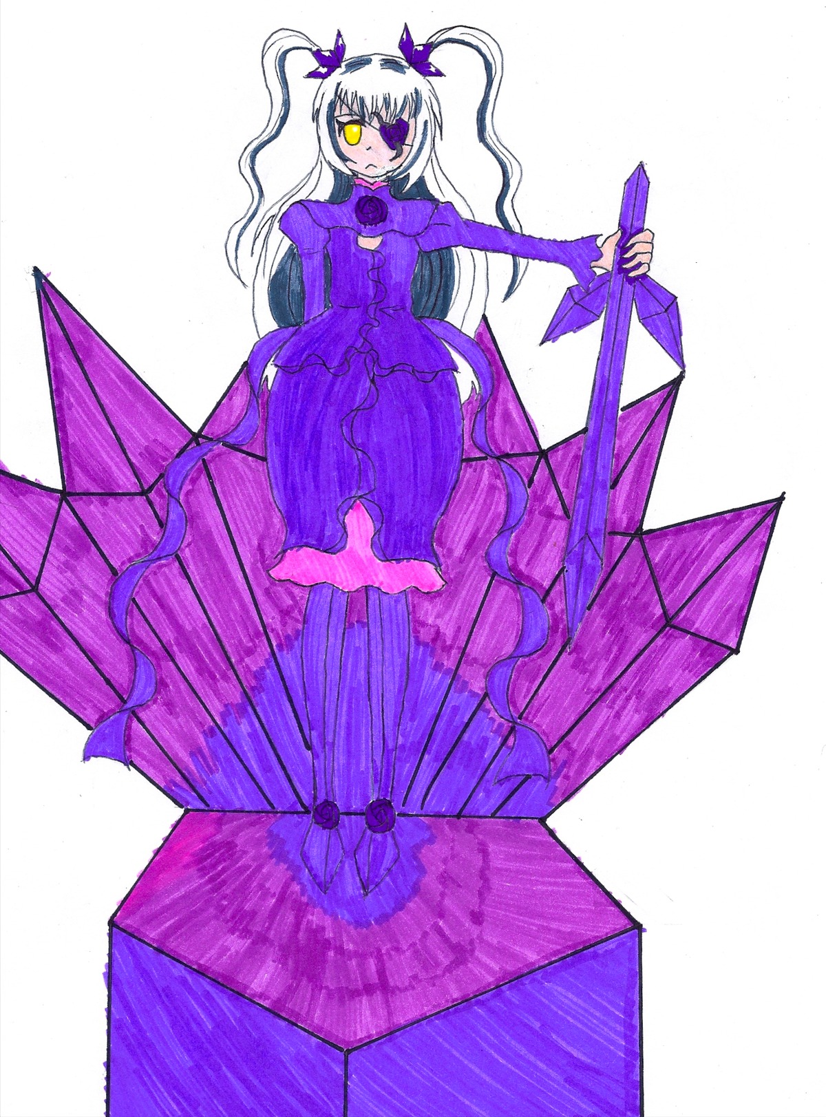 1girl barasuishou dress eyepatch full_body holding holding_umbrella image long_hair long_sleeves purple_dress purple_flower solo umbrella yellow_eyes