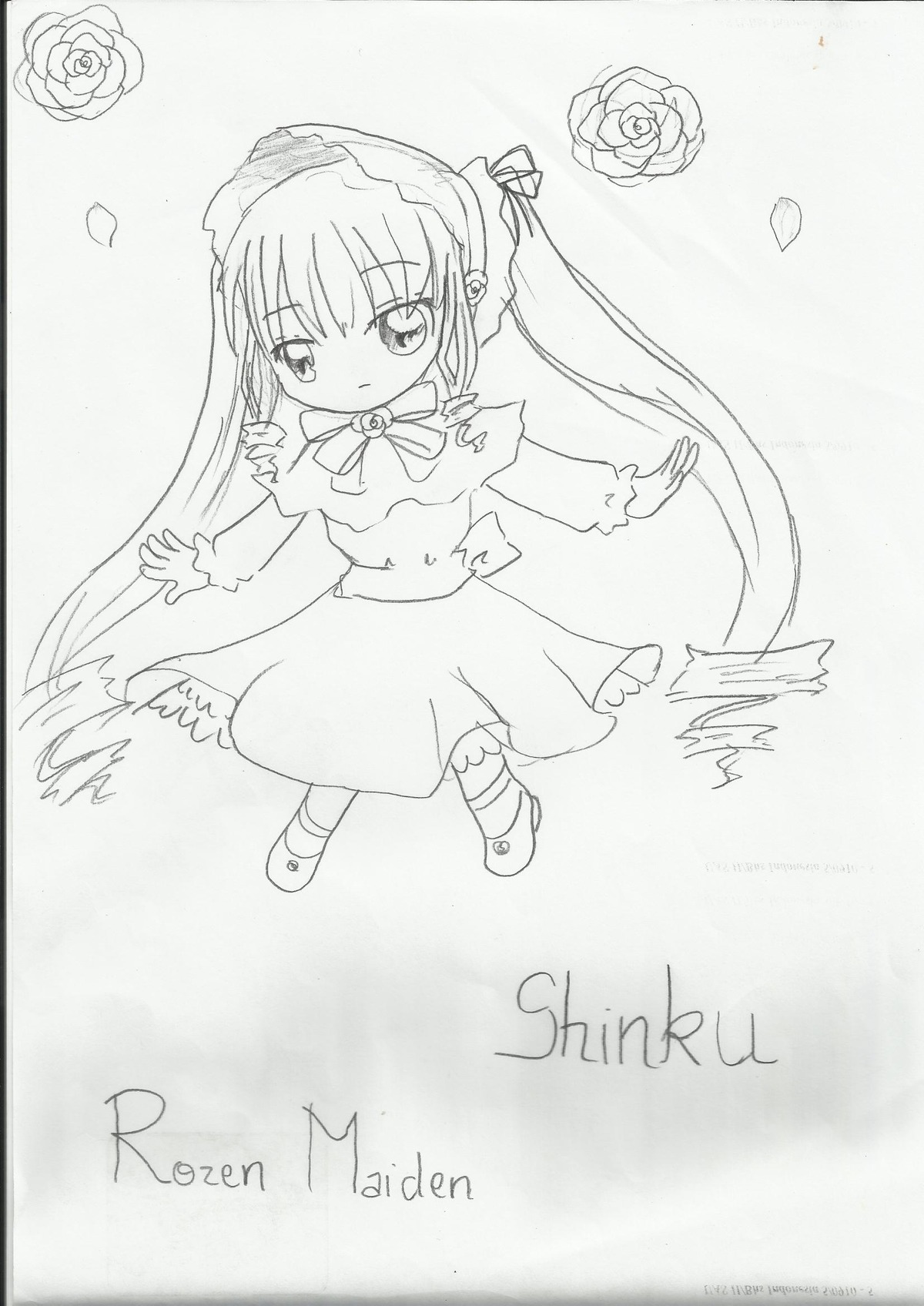 1girl bowtie dress flower full_body image long_hair long_sleeves looking_at_viewer monochrome ribbon rose shinku simple_background solo standing twintails very_long_hair