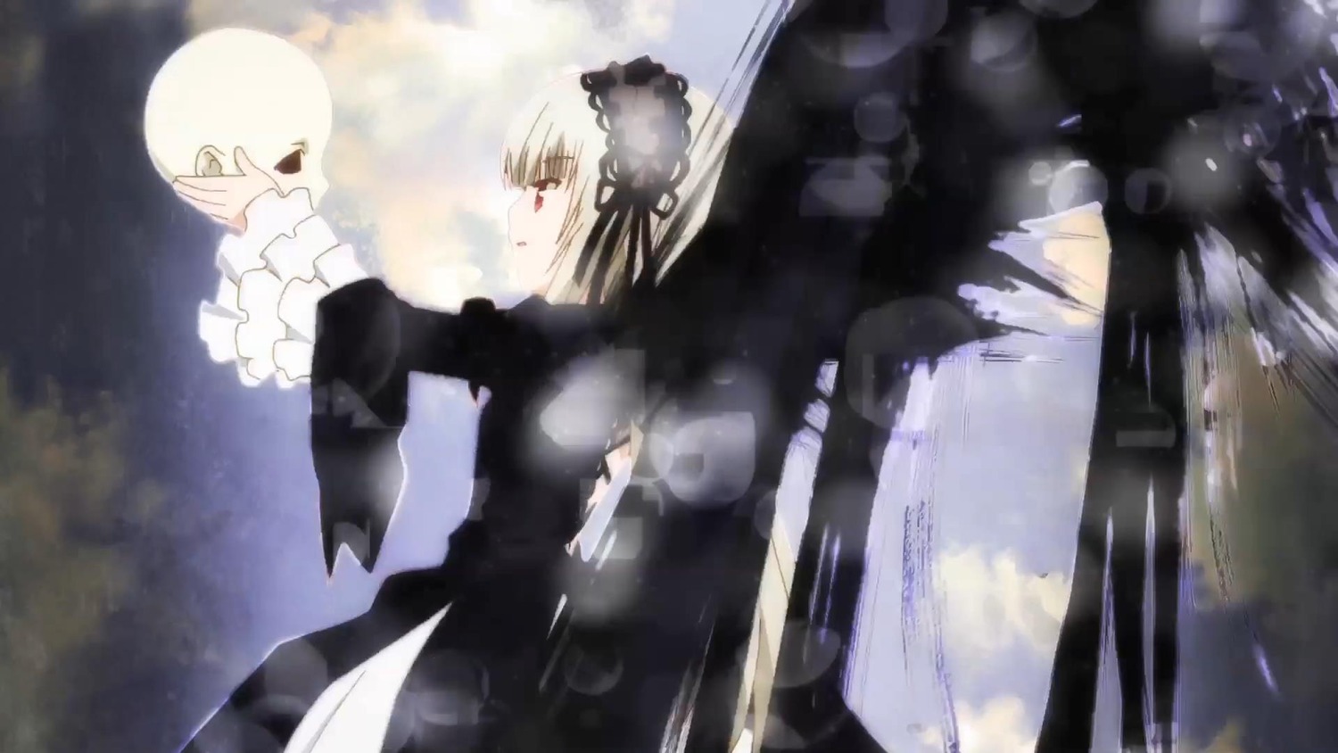 1girl dress dutch_angle frills hairband image long_sleeves red_eyes ribbon silver_hair solo suigintou
