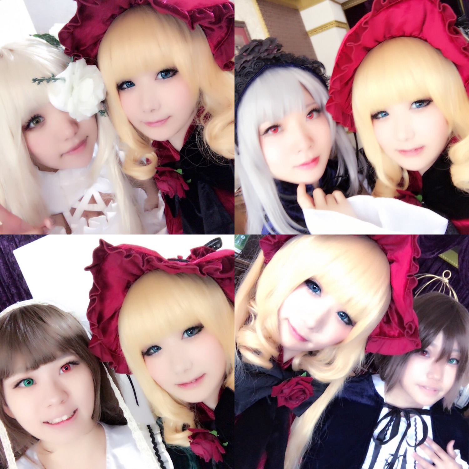 3d 6+girls blonde_hair blue_eyes blunt_bangs bonnet brown_hair everyone flower hat heterochromia long_hair looking_at_viewer multiple_cosplay multiple_girls pink_bow realistic red_eyes rose shinku short_hair smile souseiseki suigintou suiseiseki tagme white_hair