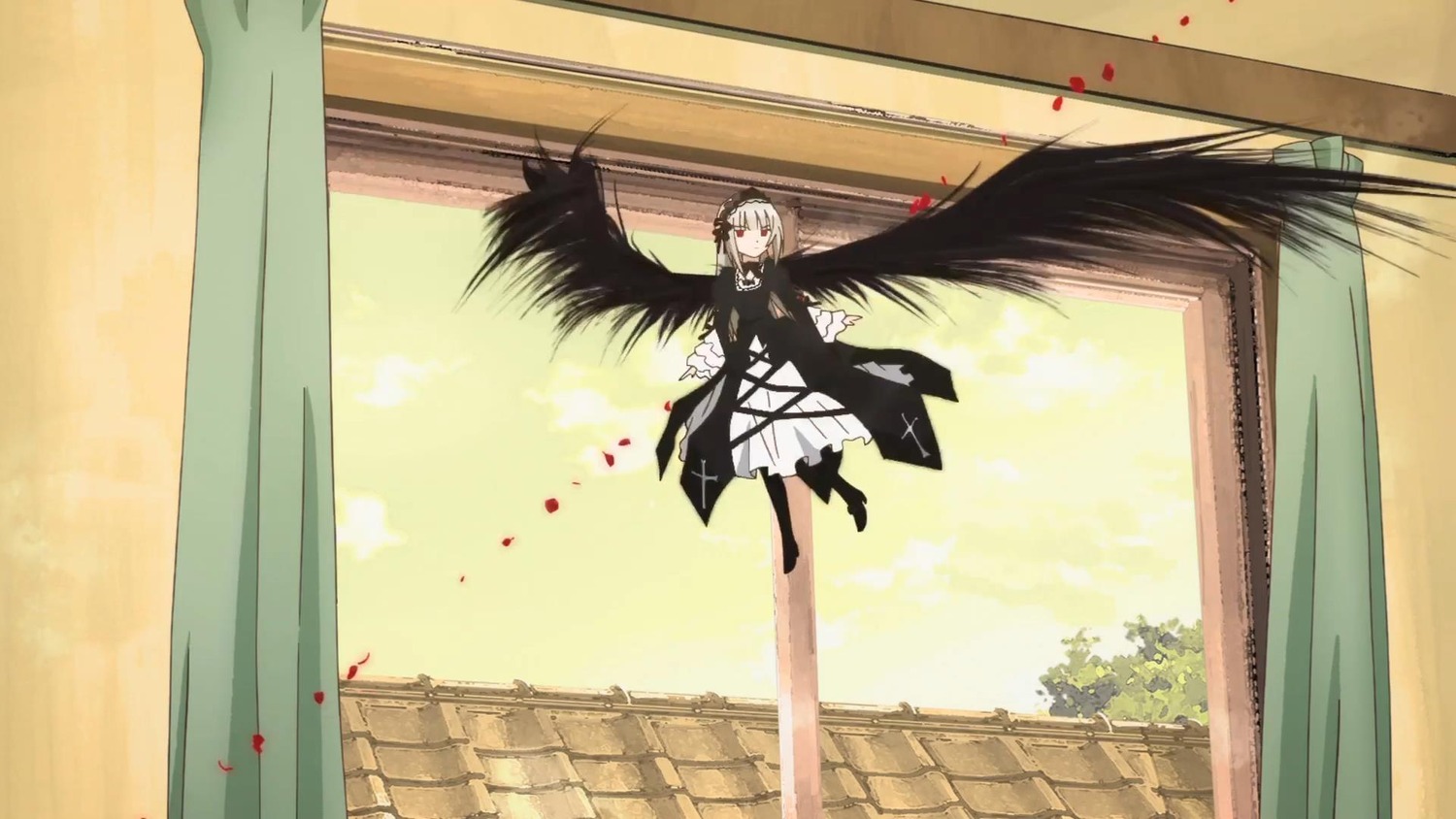 1girl black_dress black_wings curtains dress feathered_wings feathers image indoors long_sleeves looking_at_viewer solo standing suigintou window wings