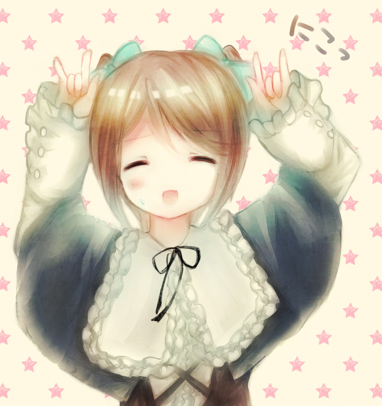 1girl \m/ america american_flag bow brown_hair closed_eyes diagonal_stripes dress frills hair_bow image long_sleeves open_mouth ribbon seikan_hikou shikigami short_hair solo souseiseki star_(symbol) star_earrings star_hair_ornament star_necklace star_print starfish starry_background striped striped_background upper_body vertical_stripes