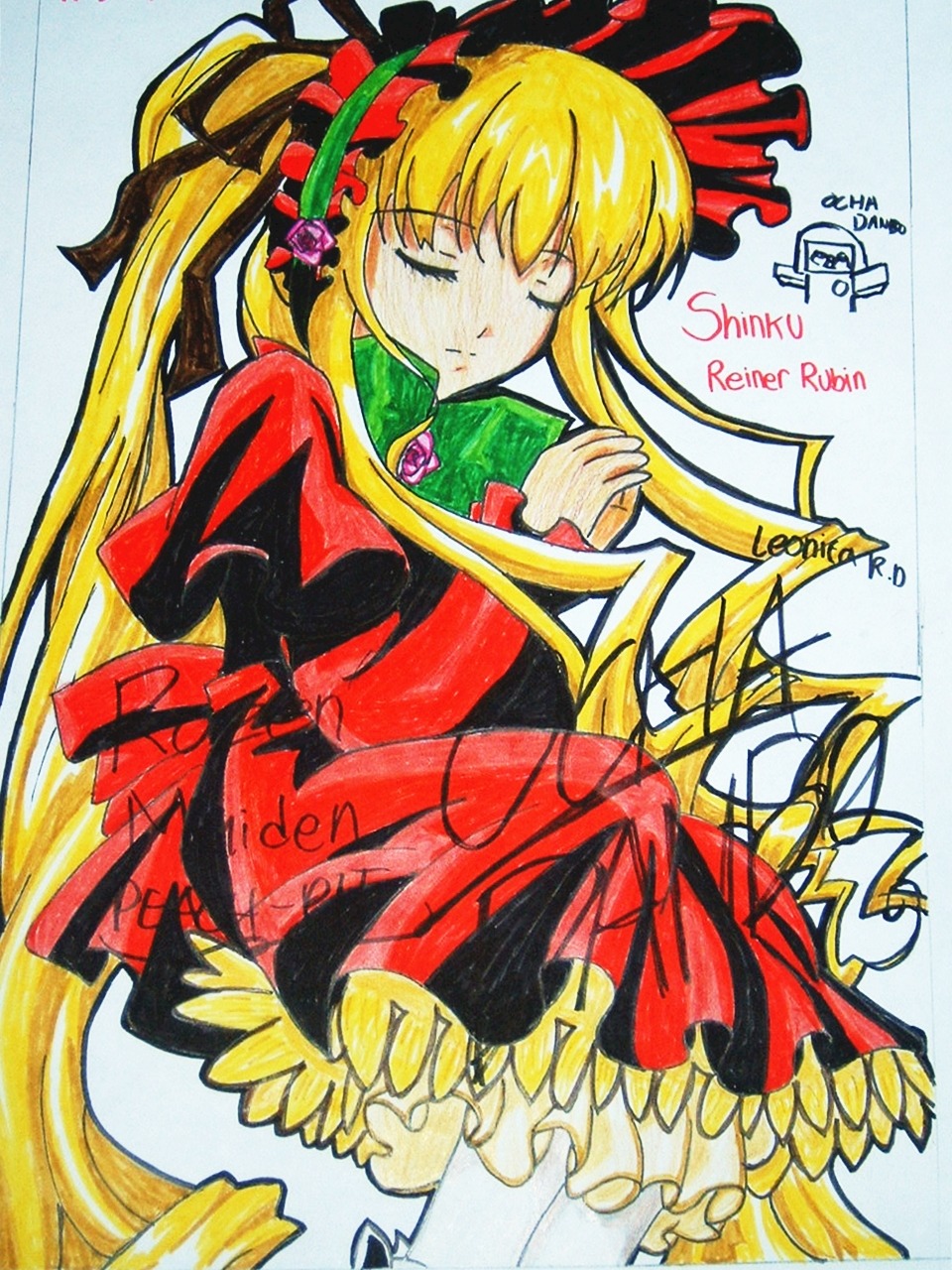 1girl blonde_hair blush closed_eyes dated dress frills hair_ribbon image long_hair long_sleeves marker_(medium) red_dress ribbon shikishi shinku solo traditional_media very_long_hair