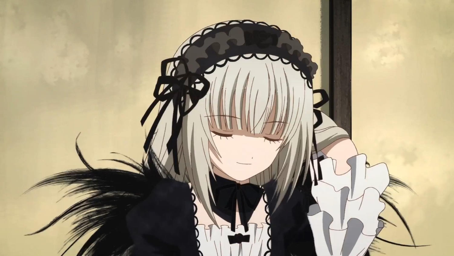 1girl bangs black_ribbon closed_eyes closed_mouth detached_collar dress eyebrows_visible_through_hair facing_viewer gothic_lolita hairband image lolita_fashion long_hair long_sleeves ribbon silver_hair smile solo suigintou