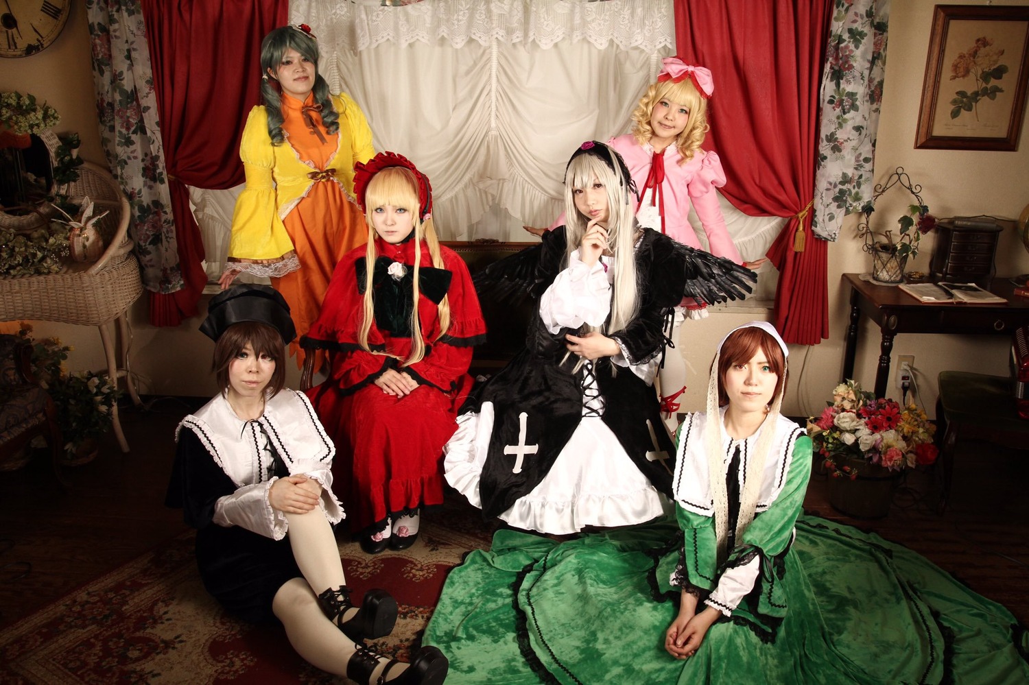 6+girls blonde_hair brown_hair curtains dress flower long_hair multiple_cosplay multiple_girls silver_hair sitting tagme