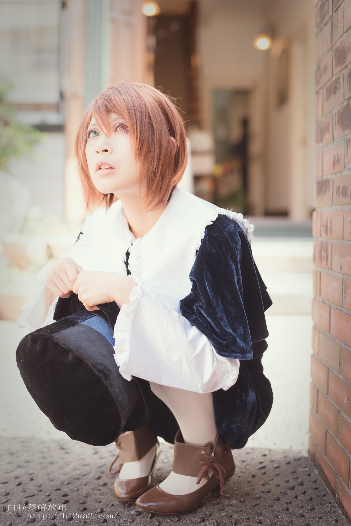 1girl blurry blurry_background depth_of_field heterochromia high_heels lips outdoors photo pink_hair realistic red_eyes shoes solo souseiseki squatting