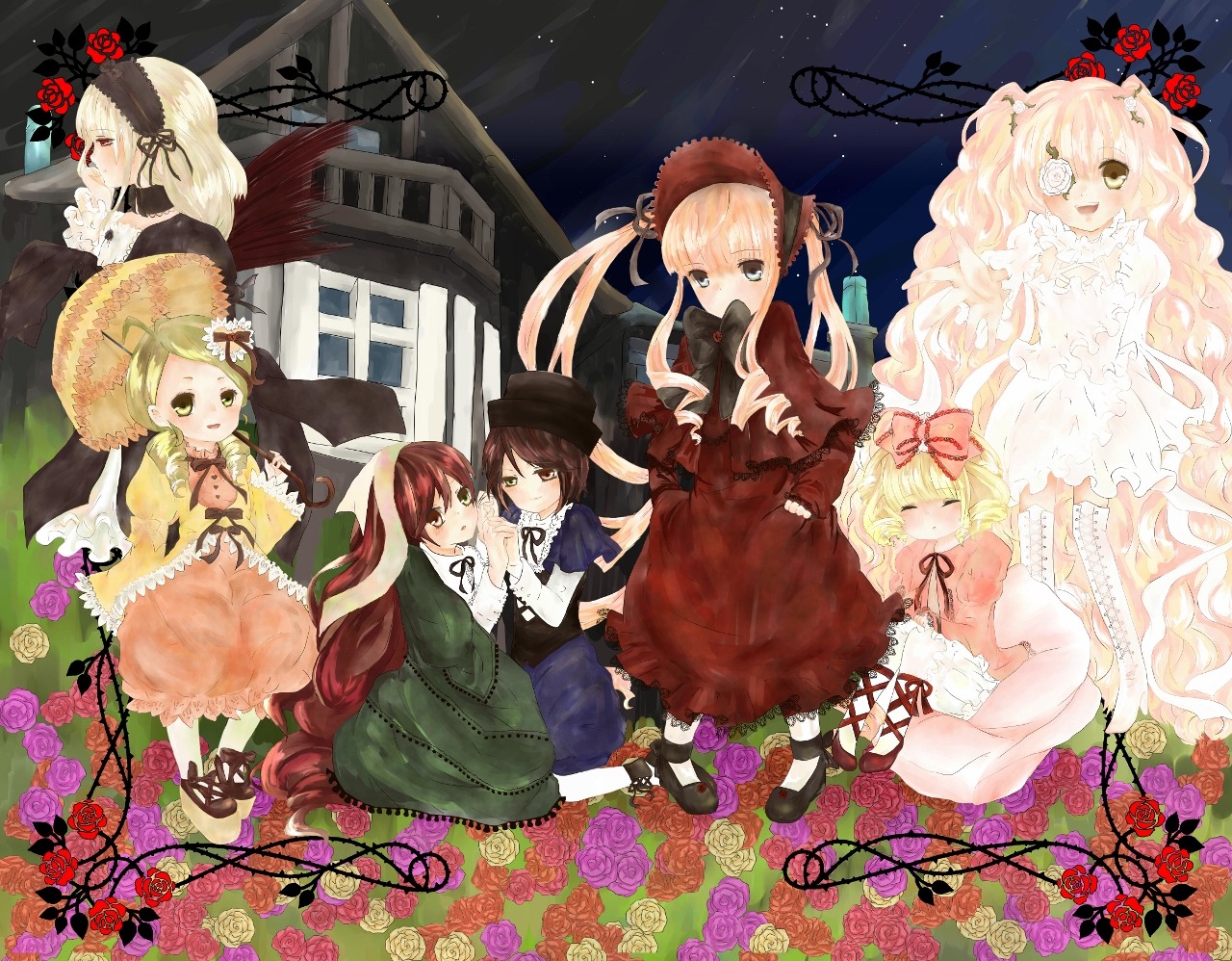 6+girls blonde_hair bow brown_hair dress eyepatch flower hat hina_ichigo image long_hair multiple multiple_girls pink_bow pink_hair pink_rose red_flower red_rose rose shinku souseiseki suigintou suiseiseki tagme thorns wings
