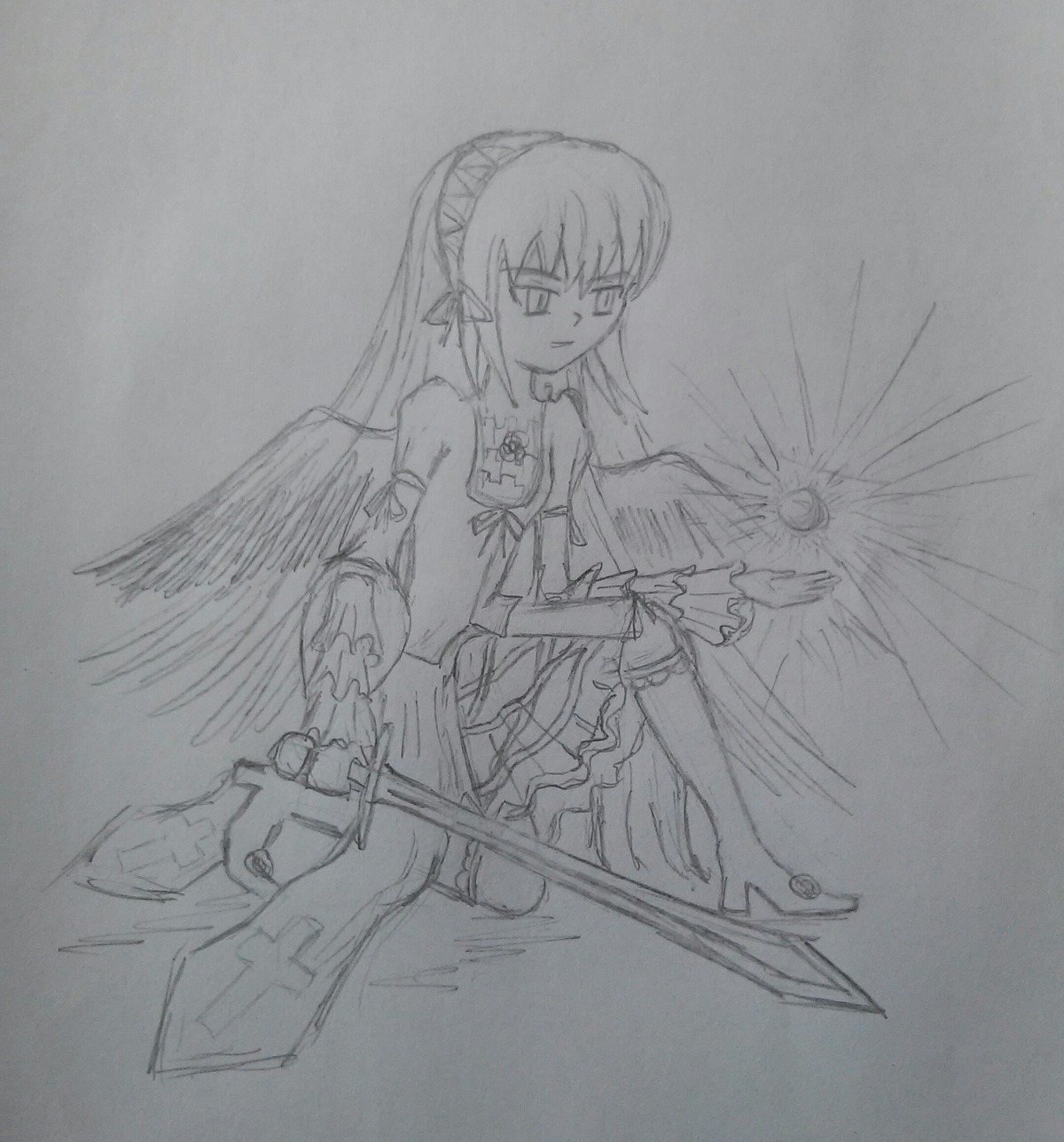 1girl akemi_homura akuma_homura bare_shoulders feathered_wings full_body gloves greyscale image long_hair magical_girl miki_sayaka monochrome simple_background solo suigintou thighhighs traditional_media weapon wings zettai_ryouiki