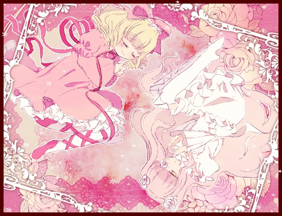 2girls blonde_hair bow closed_eyes dress drill_hair flower frills hair_ornament hina_ichigo hinaichigo image kirakishou long_hair multiple_girls pair pink_bow pink_flower pink_hair pink_rose ribbon rose smile striped striped_legwear thighhighs twintails upside-down vines white_rose