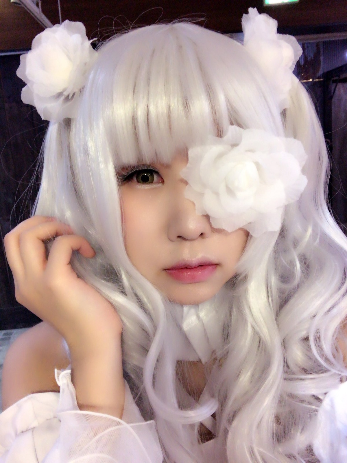 1girl animal_ears bangs closed_mouth hair_over_one_eye kirakishou lips long_hair looking_at_viewer nose realistic solo upper_body white_hair