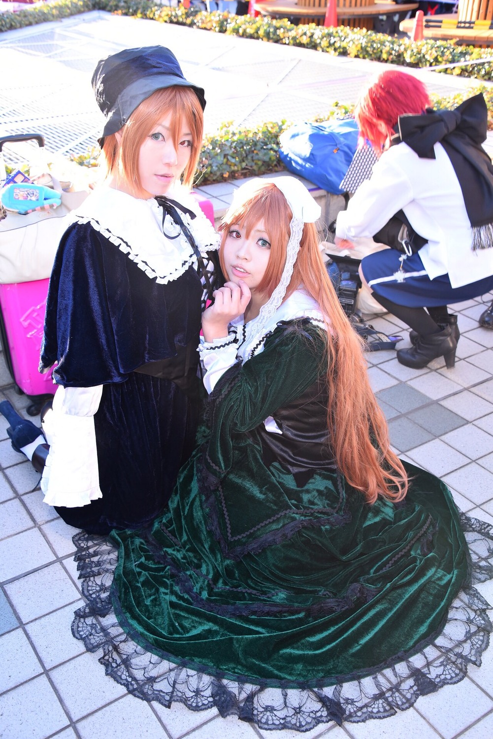 black_dress blonde_hair blue_eyes building chain-link_fence dress frills gothic_lolita habit hat lolita_fashion long_hair long_sleeves multiple_boys multiple_cosplay multiple_girls nun stained_glass tagme tile_floor tiles