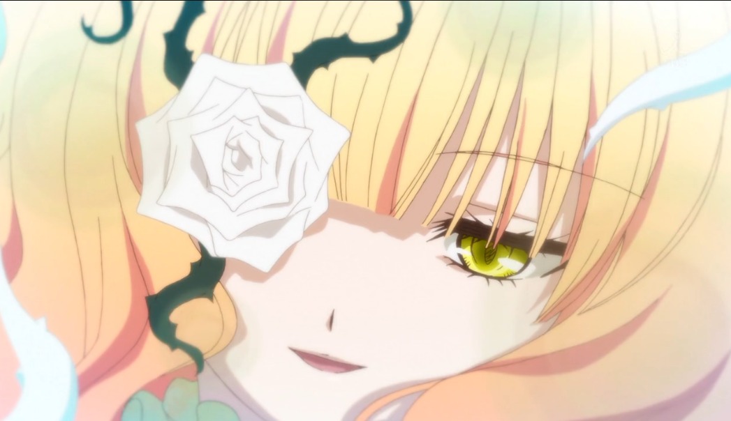 1girl bangs blonde_hair blurry blurry_background blurry_foreground close-up depth_of_field eyebrows_visible_through_hair face flower hair_ornament image kirakishou long_hair looking_at_viewer rose solo white_flower white_rose yellow_eyes