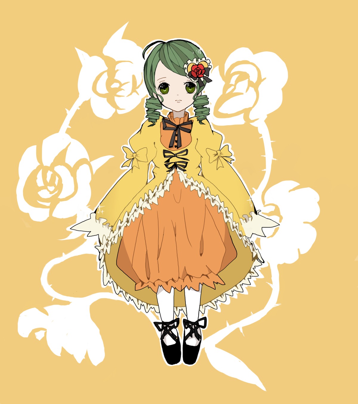 1girl ahoge dress drill_hair flower frills full_body green_eyes green_hair hair_flower hair_ornament image kanaria long_sleeves orange_dress pantyhose rose solo twin_drills white_legwear