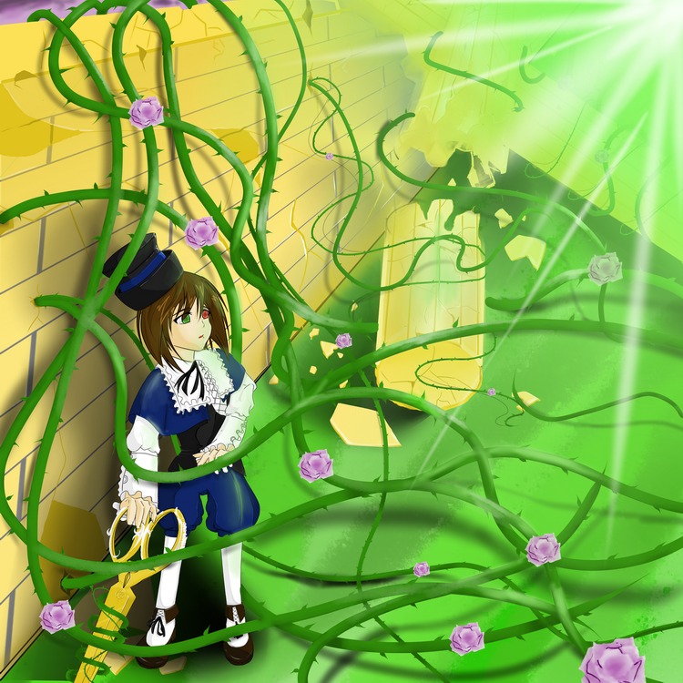 1girl brown_hair dress flower green_eyes hat heterochromia image pantyhose pink_flower pink_rose purple_flower purple_rose rose scissors short_hair solo souseiseki thorns vines yellow_rose