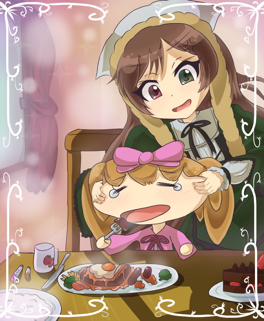 2girls brown_hair cake cup dress eating food fork green_eyes head_scarf heterochromia hinaichigo image long_hair multiple_girls open_mouth pair plate red_eyes ribbon siblings sisters smile spoon suiseiseki table tea teacup tears