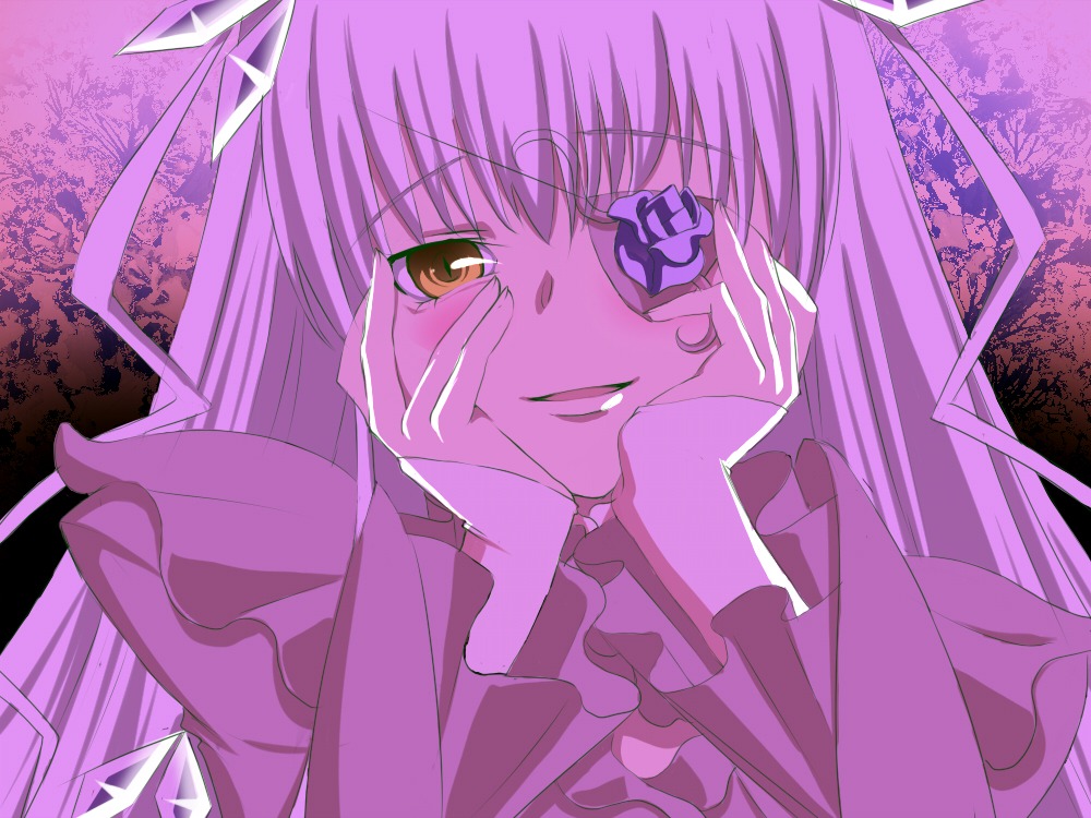 1girl barasuishou eyepatch frills hands_on_own_cheeks hands_on_own_face image long_hair long_sleeves looking_at_viewer solo upper_body yellow_eyes