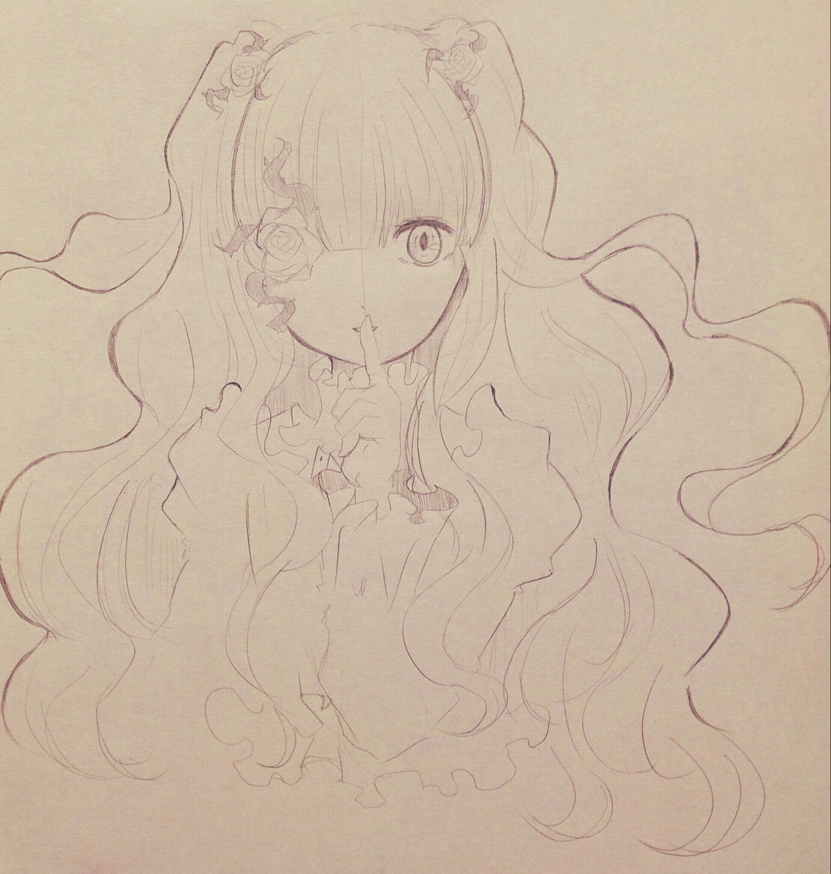 1girl bow expressionless flower hata_no_kokoro image kirakishou lineart long_hair long_sleeves looking_at_viewer monochrome rose solo traditional_media very_long_hair wavy_hair