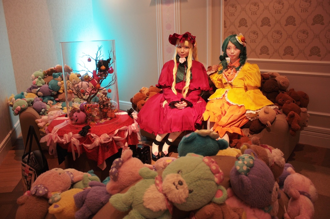 blonde_hair closed_eyes dress flower hat long_hair multiple_cosplay multiple_girls stuffed_animal tagme teddy_bear