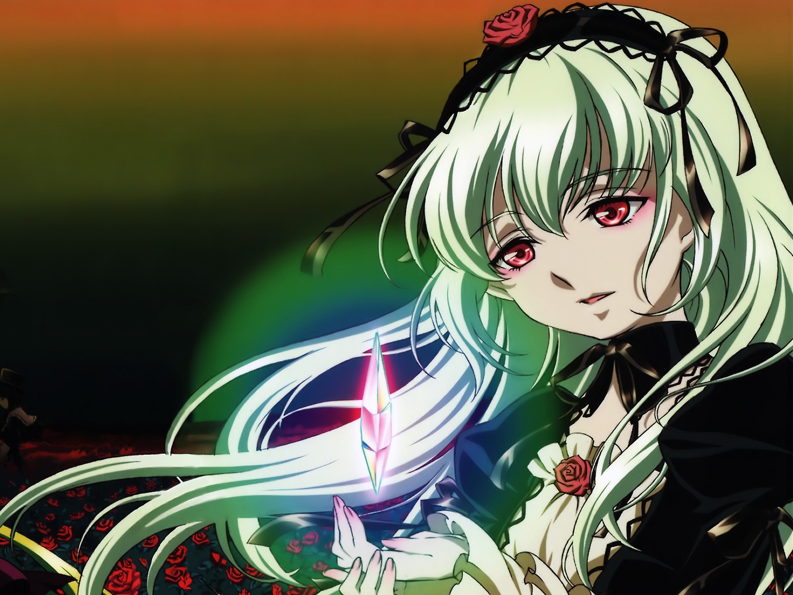 1girl dress flower frills hairband image juliet_sleeves lolita_fashion lolita_hairband long_hair long_sleeves pink_rose red_eyes red_flower red_rose ribbon rose shinku solo suigintou upper_body