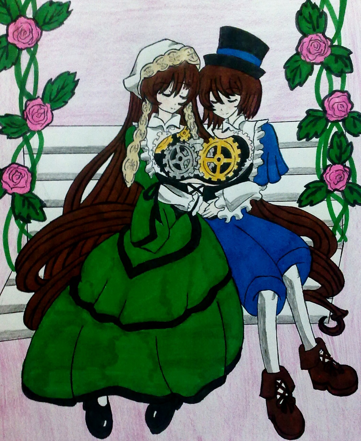 2girls blue_rose brown_hair closed_eyes dress flower green_dress hat image long_hair multiple_girls pair pantyhose pink_flower pink_rose purple_flower purple_rose red_flower red_rose rose short_hair siblings sisters souseiseki suiseiseki thorns top_hat twins yellow_flower yellow_rose