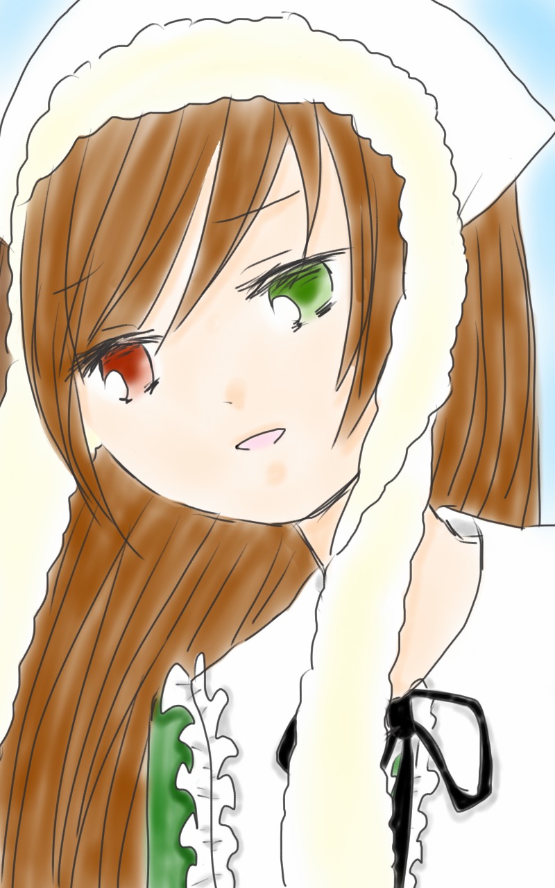 1girl :d blush brown_hair green_eyes heterochromia image long_hair open_mouth smile solo striped suiseiseki vertical_stripes