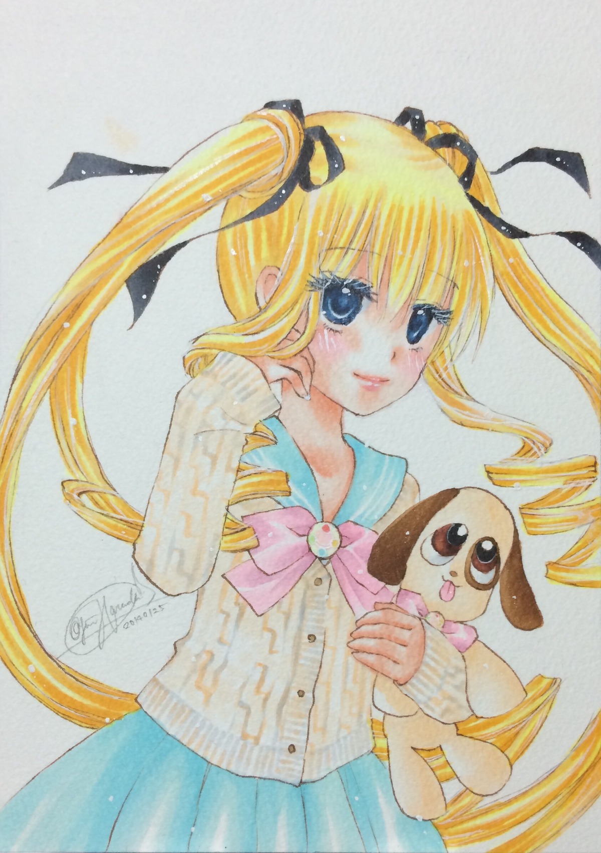 1girl blonde_hair blue_eyes hair_ribbon image long_hair long_sleeves marker_(medium) pleated_skirt ribbon school_uniform shinku simple_background skirt smile solo stuffed_animal traditional_media twintails very_long_hair