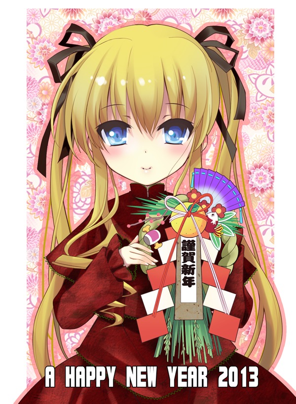 1girl black_ribbon blonde_hair blue_eyes blush fan hair_ribbon holding image japanese_clothes long_hair looking_at_viewer ribbon shinku smile solo twintails